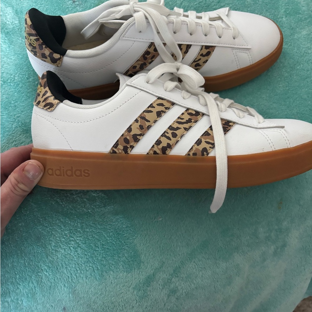 Adidas Women's White and Leopard Print Sneakers